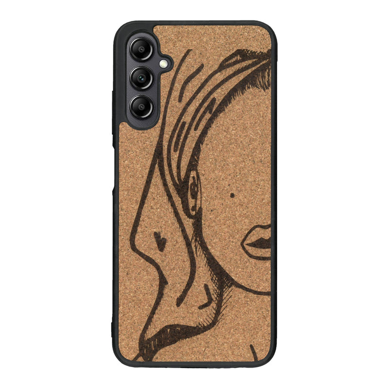 Coque de protection en bois véritable fabriquée en France pour Samsung A14 représentant une silhouette féminine épurée de type line art en collaboration avec l'artiste Maud Dabs