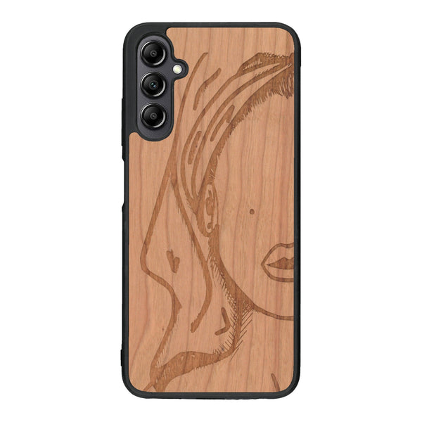 Coque de protection en bois véritable fabriquée en France pour Samsung A14 représentant une silhouette féminine épurée de type line art en collaboration avec l'artiste Maud Dabs