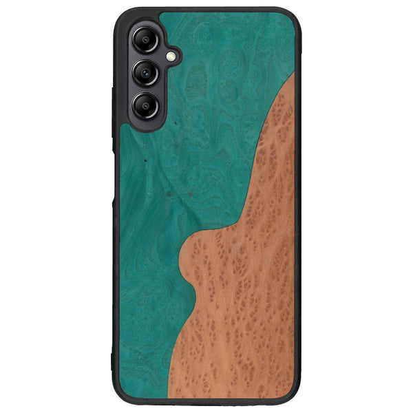 Coque de protection en bois véritable fabriquée en France pour Samsung A14 alliant plusieurs essences de bois pour représenter une plage paradisiaque