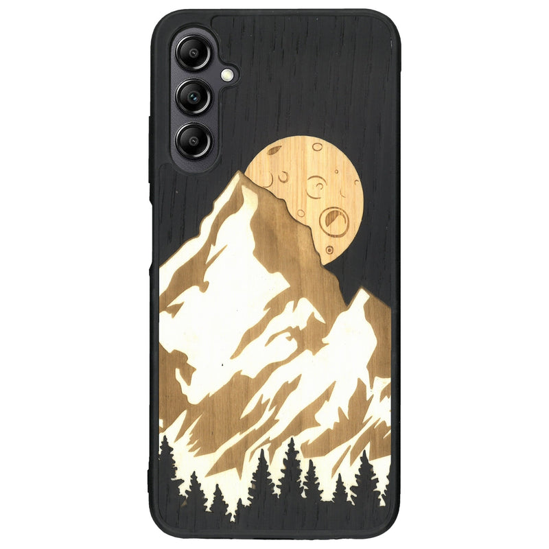 Coque de protection en bois véritable fabriquée en France pour Samsung A14 alliant plusieurs essences de bois pour représenter le mont Everest