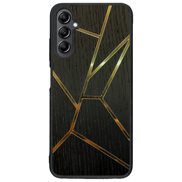 Coque de protection en bois véritable fabriquée en France pour Samsung A14 alliant plusieurs essences de bois pour représenter des fragments design