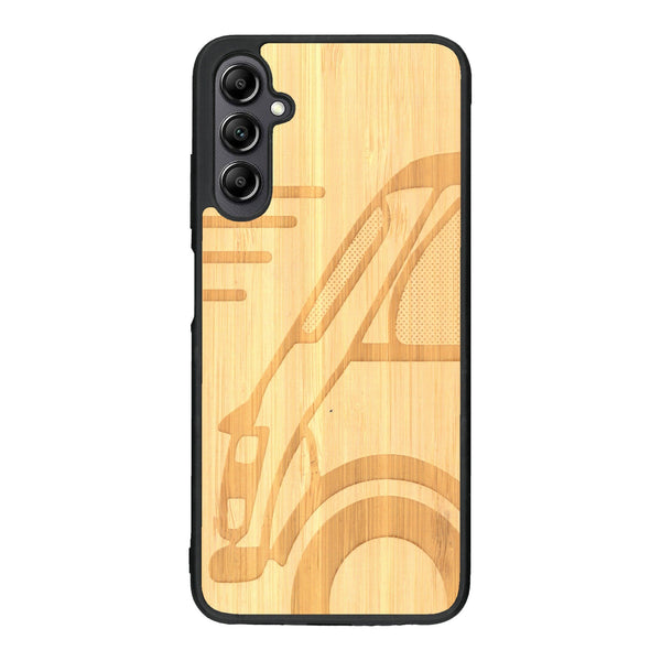 Coque de protection en bois véritable fabriquée en France pour Samsung A14 sur le thème de l'automobile avec une authentique Mini Cooper