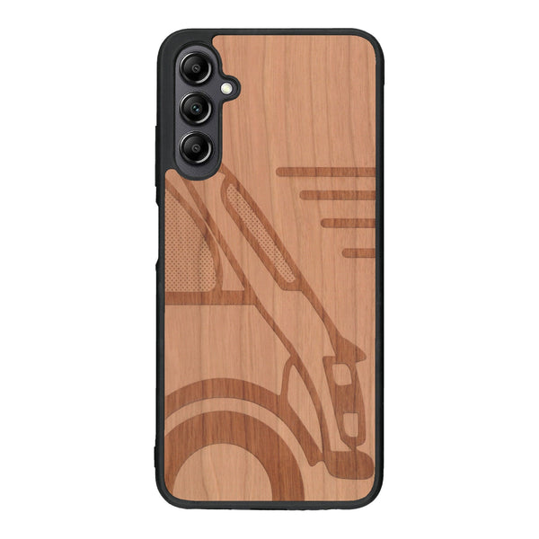 Coque de protection en bois véritable fabriquée en France pour Samsung A14 sur le thème de l'automobile avec une authentique Mini Cooper