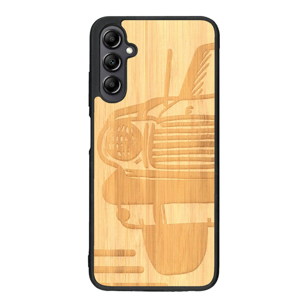 Coque de protection en bois véritable fabriquée en France pour Samsung A14 sur le thème de l'automobile avec une authentique Mustang