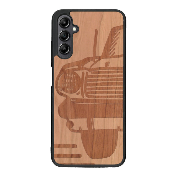 Coque de protection en bois véritable fabriquée en France pour Samsung A14 sur le thème de l'automobile avec une authentique Mustang