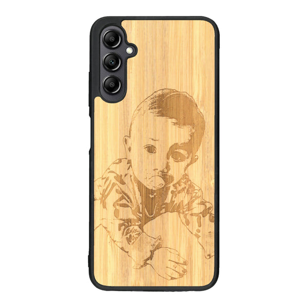 Coque de protection en bois véritable fabriquée en France pour Samsung A14 avec gravure personnalisée à partir d'une photo, d'une image, d'un logo, des initials ou d'une phrase