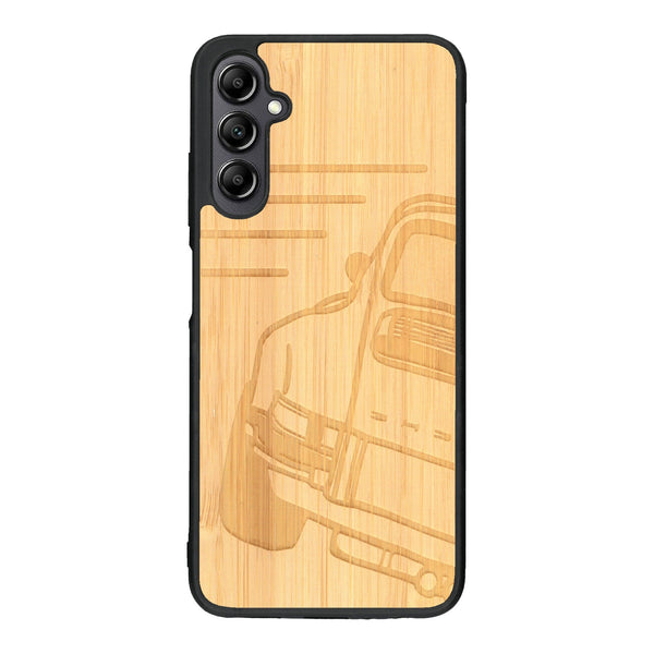 Coque de protection en bois véritable fabriquée en France pour Samsung A14 sur le thème de l'automobile avec une authentique Porsche