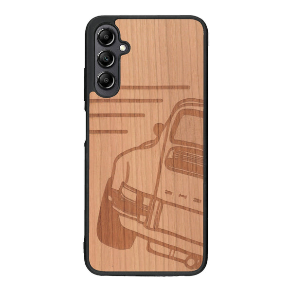 Coque de protection en bois véritable fabriquée en France pour Samsung A14 sur le thème de l'automobile avec une authentique Porsche