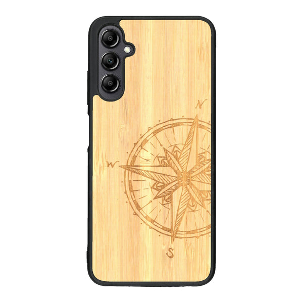 Coque de protection en bois véritable fabriquée en France pour Samsung A14 avec une gravure "rose des vents" sur le thème nautique et de l'océan qui s'inspire des boussoles de pirate