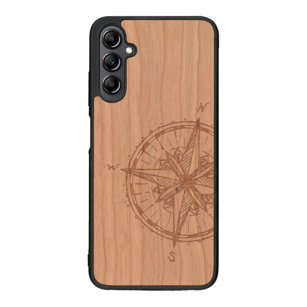 Coque de protection en bois véritable fabriquée en France pour Samsung A14 avec une gravure "rose des vents" sur le thème nautique et de l'océan qui s'inspire des boussoles de pirate