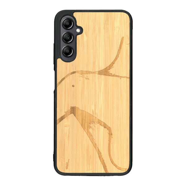 Coque de protection en bois véritable fabriquée en France pour Samsung A14 représentant une silhouette féminine dessinée à la main par l'artiste Maud Dabs