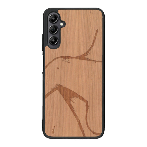 Coque de protection en bois véritable fabriquée en France pour Samsung A14 représentant une silhouette féminine dessinée à la main par l'artiste Maud Dabs