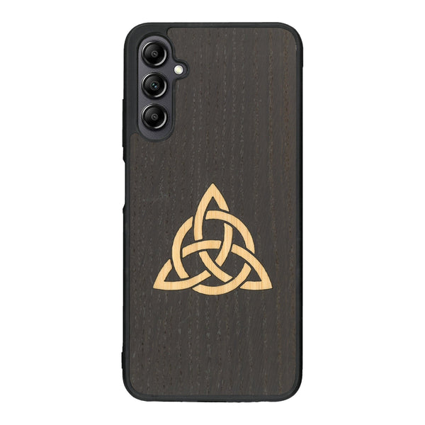 Coque de protection en bois véritable fabriquée en France pour Samsung A14 alliant du chêne fumé et du bambou représentant une triquetra