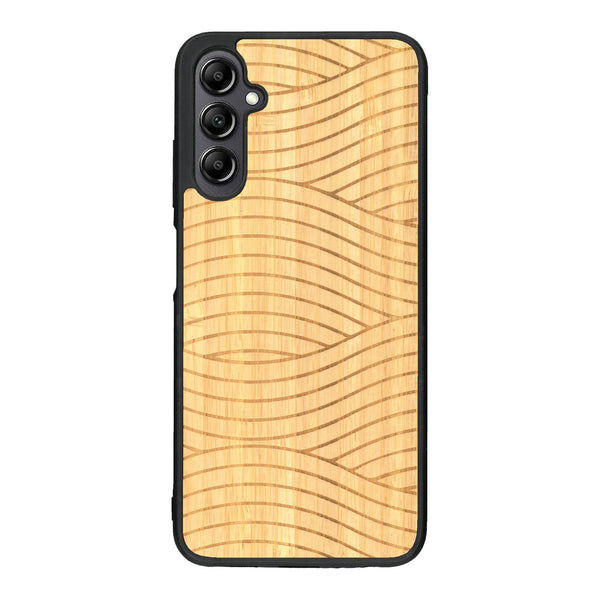 Coque de protection en bois véritable fabriquée en France pour Samsung A14 avec un motif moderne et minimaliste sur le thème waves et wavy représentant les vagues de l'océan