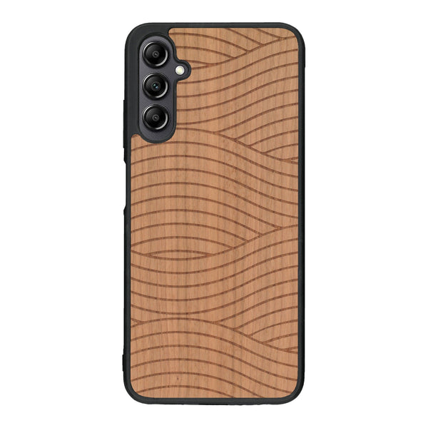 Coque de protection en bois véritable fabriquée en France pour Samsung A14 avec un motif moderne et minimaliste sur le thème waves et wavy représentant les vagues de l'océan