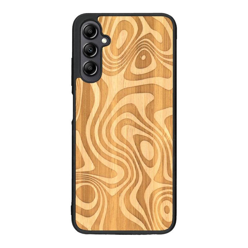 Coque de protection en bois véritable fabriquée en France pour Samsung A14 avec un motif abstrait représentant les mouvements de l'eau