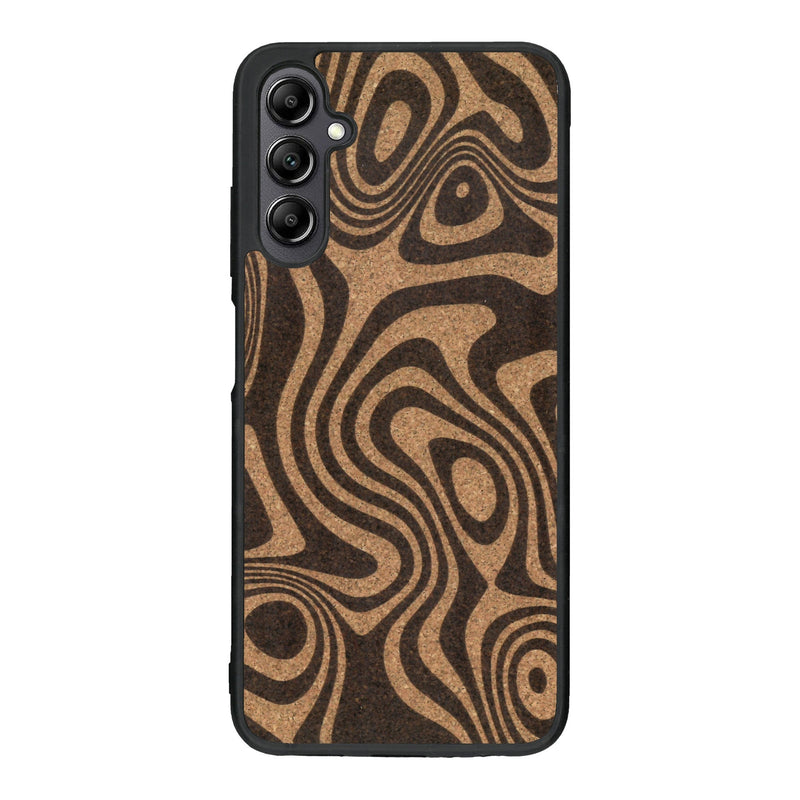 Coque de protection en bois véritable fabriquée en France pour Samsung A14 avec un motif abstrait représentant les mouvements de l'eau