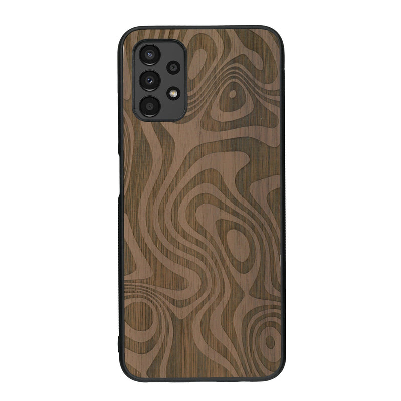 Coque de protection en bois véritable fabriquée en France pour Samsung A14 avec un motif abstrait représentant les mouvements de l'eau