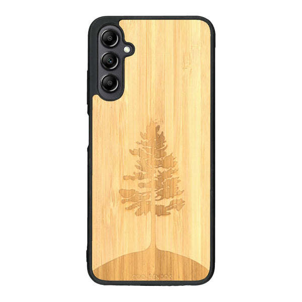 Coque de protection en bois véritable fabriquée en France pour Samsung A14 sur le thème de la nature, de la fôret et de l'écoresponsabilité avec une gravure représentant un arbre 