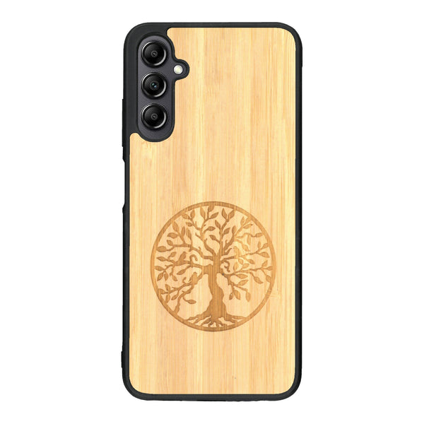 Coque de protection en bois véritable fabriquée en France pour Samsung A14 sur le thème de la spiritualité et du yoga avec une gravure zen représentant un arbre de vie