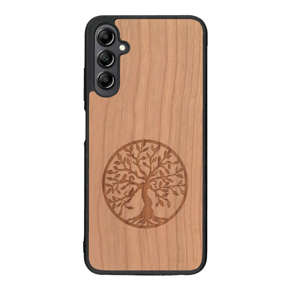 Coque de protection en bois véritable fabriquée en France pour Samsung A14 sur le thème de la spiritualité et du yoga avec une gravure zen représentant un arbre de vie