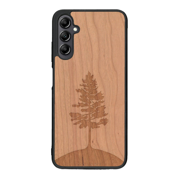 Coque de protection en bois véritable fabriquée en France pour Samsung A14 sur le thème de la nature, de la fôret et de l'écoresponsabilité avec une gravure représentant un arbre 