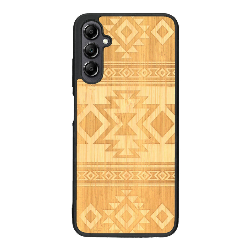 Coque de protection en bois véritable fabriquée en France pour Samsung A14 avec des motifs géométriques s'inspirant des temples aztèques, mayas et incas