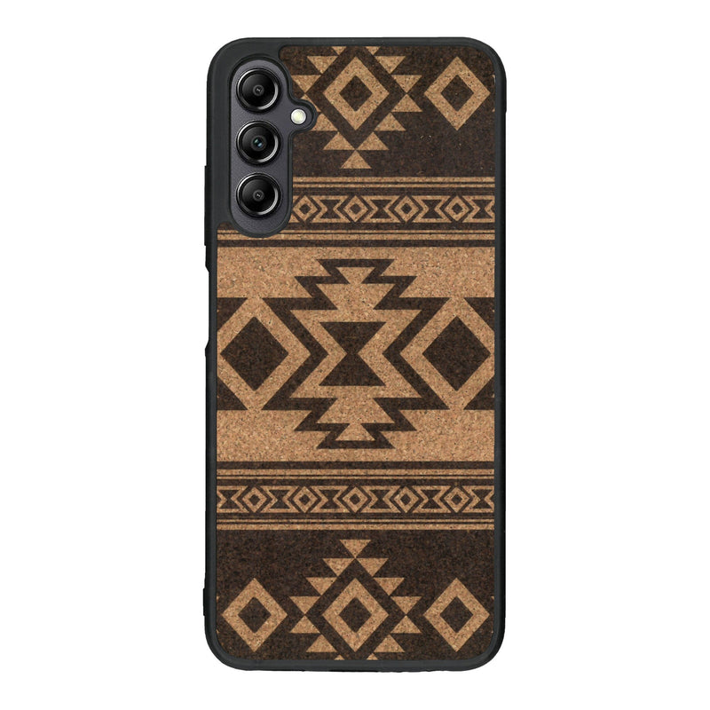 Coque de protection en bois véritable fabriquée en France pour Samsung A14 avec des motifs géométriques s'inspirant des temples aztèques, mayas et incas