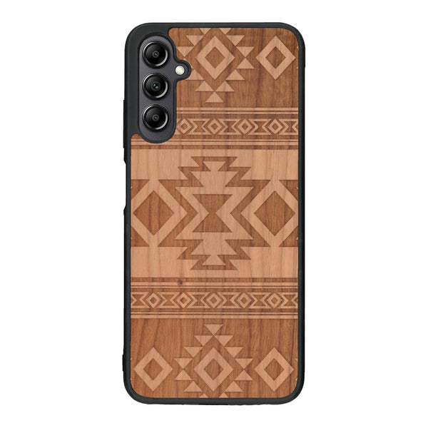 Coque de protection en bois véritable fabriquée en France pour Samsung A14 avec des motifs géométriques s'inspirant des temples aztèques, mayas et incas