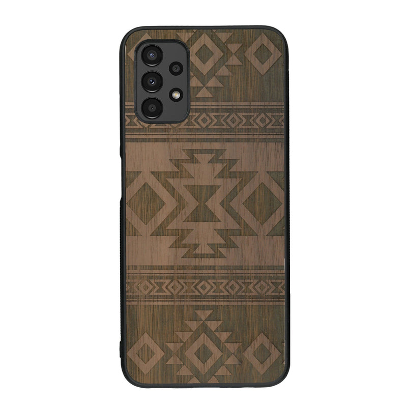 Coque de protection en bois véritable fabriquée en France pour Samsung A14 avec des motifs géométriques s'inspirant des temples aztèques, mayas et incas