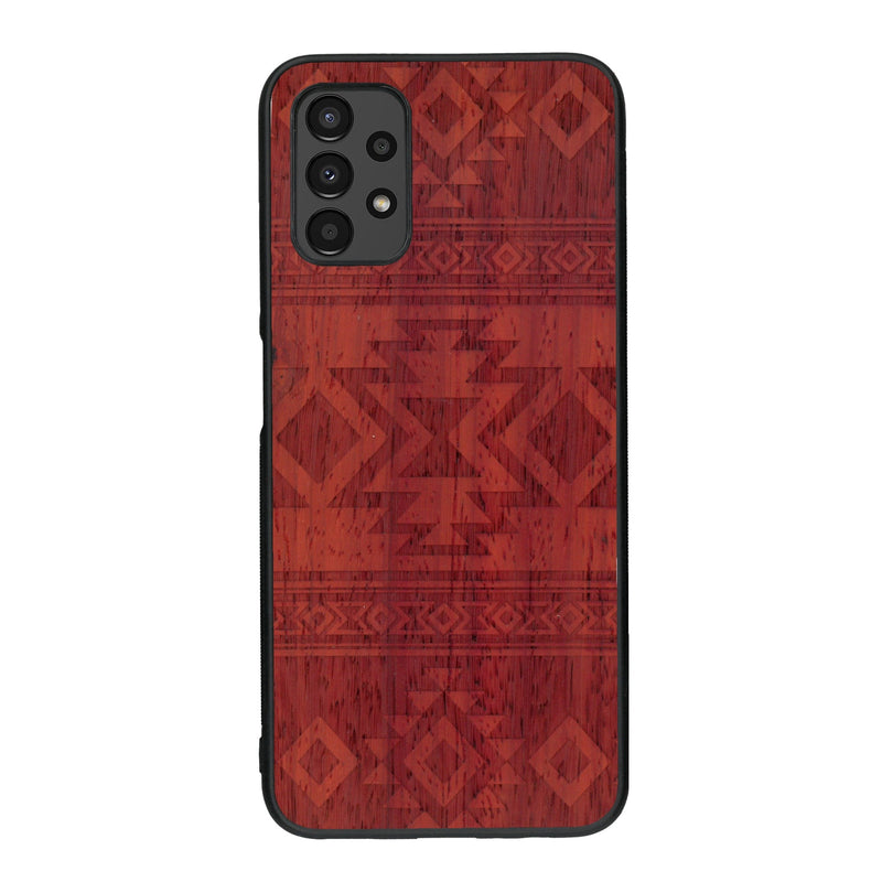 Coque de protection en bois véritable fabriquée en France pour Samsung A14 avec des motifs géométriques s'inspirant des temples aztèques, mayas et incas