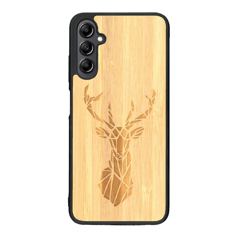 Coque de protection en bois véritable fabriquée en France pour Samsung A14 sur le thème de la nature et des animaux représentant une tête de cerf gométrique avec un design moderne et minimaliste