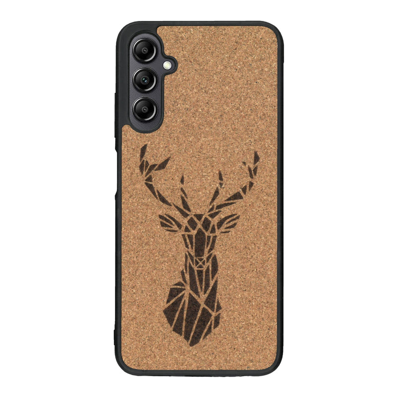 Coque de protection en bois véritable fabriquée en France pour Samsung A14 sur le thème de la nature et des animaux représentant une tête de cerf gométrique avec un design moderne et minimaliste