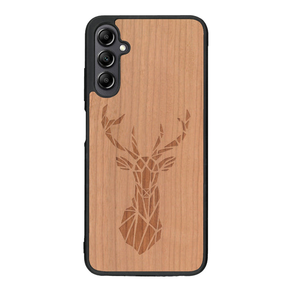 Coque de protection en bois véritable fabriquée en France pour Samsung A14 sur le thème de la nature et des animaux représentant une tête de cerf gométrique avec un design moderne et minimaliste