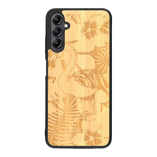 Coque de protection en bois véritable fabriquée en France pour Samsung A14 sur le thème de la nature et des animaux représentant un flamant rose entre des fougères