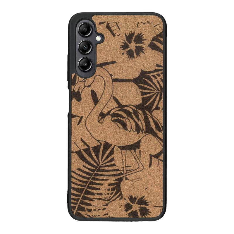 Coque de protection en bois véritable fabriquée en France pour Samsung A14 sur le thème de la nature et des animaux représentant un flamant rose entre des fougères