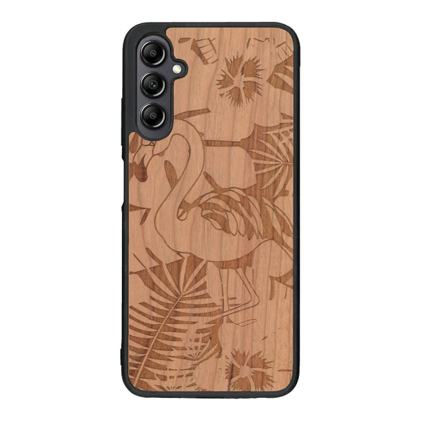 Coque de protection en bois véritable fabriquée en France pour Samsung A14 sur le thème de la nature et des animaux représentant un flamant rose entre des fougères