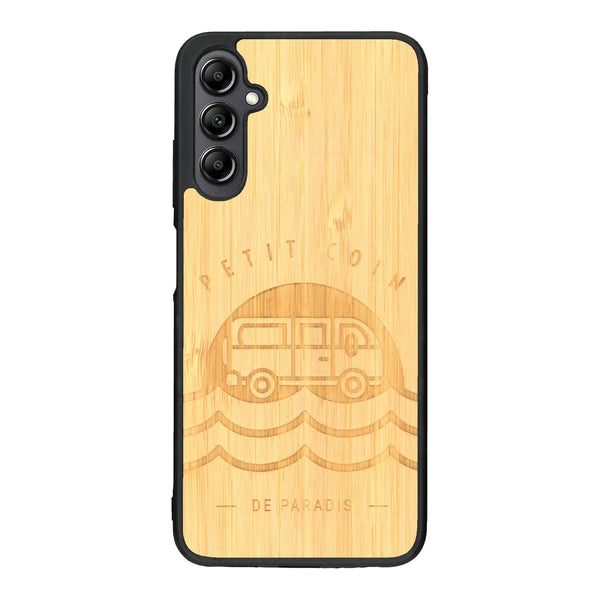 Coque de protection en bois véritable fabriquée en France pour Samsung A14 sur le thème des voyages en vans, vanlife et chill avec une gravure représentant un van vw combi devant le soleil couchant sur une plage avec des vagues