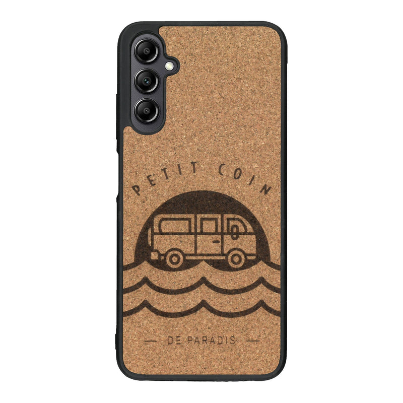 Coque de protection en bois véritable fabriquée en France pour Samsung A14 sur le thème des voyages en vans, vanlife et chill avec une gravure représentant un van vw combi devant le soleil couchant sur une plage avec des vagues