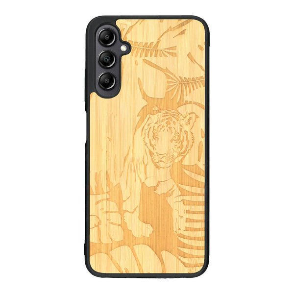 Coque de protection en bois véritable fabriquée en France pour Samsung A14 sur le thème de la nature et des animaux représentant un tigre dans la jungle entre des fougères