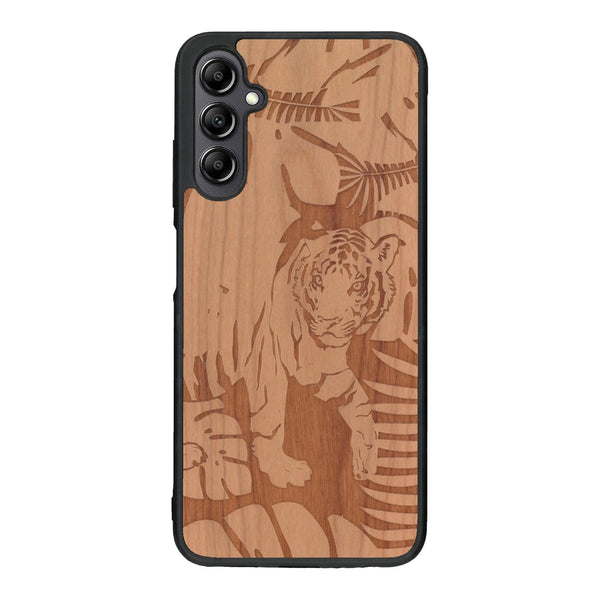 Coque de protection en bois véritable fabriquée en France pour Samsung A14 sur le thème de la nature et des animaux représentant un tigre dans la jungle entre des fougères