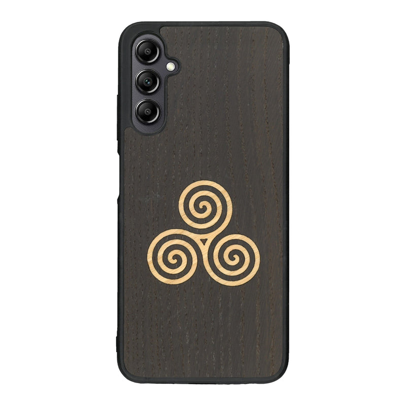 Coque de protection en bois véritable fabriquée en France pour Samsung A14 alliant du chêne fumé et du bambou et doré représentant un triskell