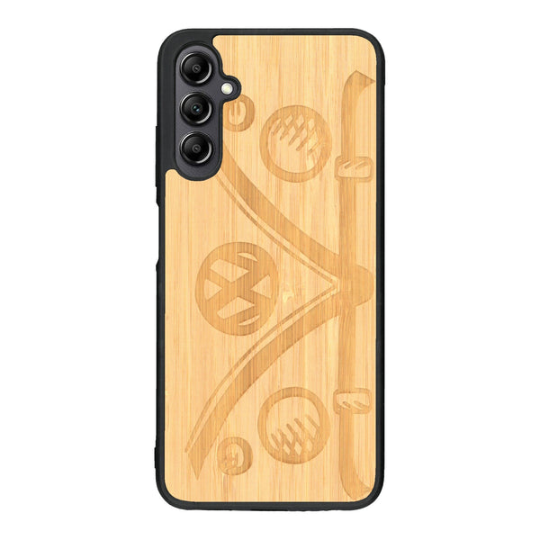 Coque de protection en bois véritable fabriquée en France pour Samsung A14 sur le thème de l'automobile avec un van combi