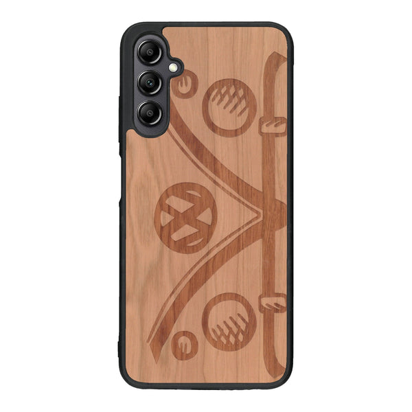 Coque de protection en bois véritable fabriquée en France pour Samsung A14 sur le thème de l'automobile avec un van combi