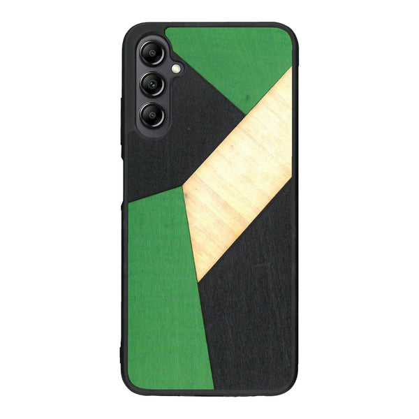 Coque de protection en bois véritable fabriquée en France pour Samsung A14 alliant du bambou, du tulipier vert et noir en forme de mosaïque minimaliste sur le thème de l'art abstrait