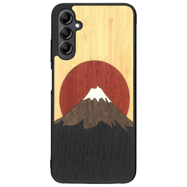 Coque de protection en bois véritable fabriquée en France pour Samsung A14 alliant plusieurs essences de bois pour représenter le mont Fuji