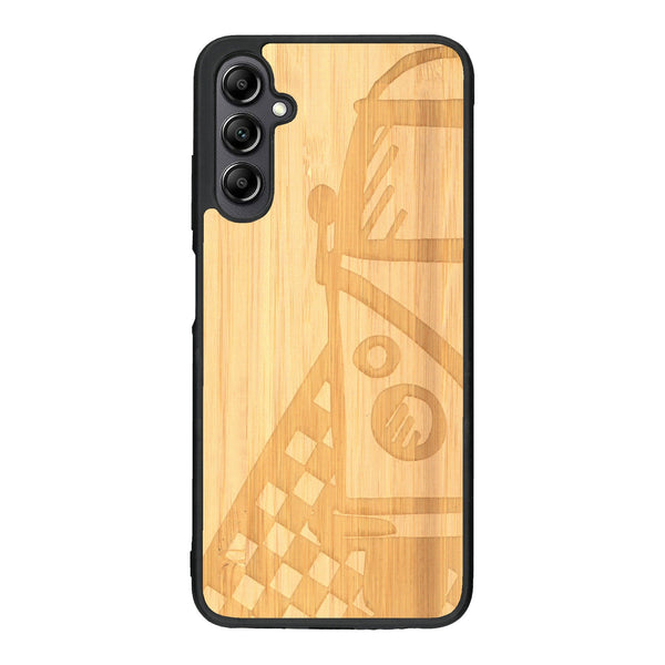 Coque de protection en bois véritable fabriquée en France pour Samsung A14 sur le thème du voyage avec un van combi