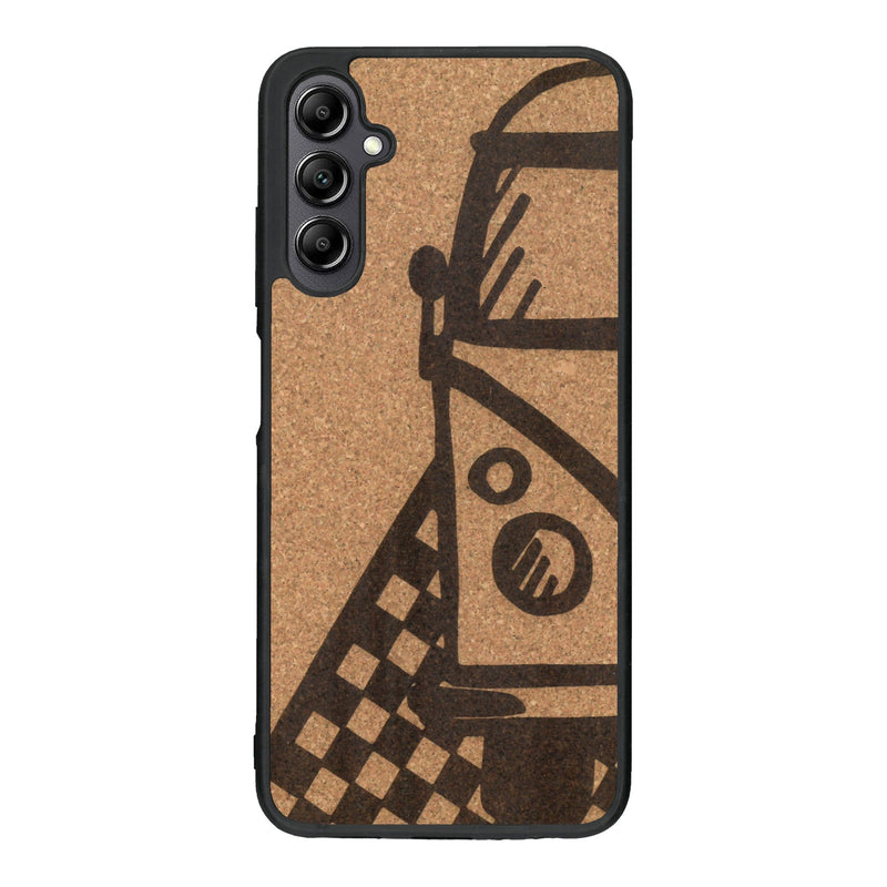 Coque de protection en bois véritable fabriquée en France pour Samsung A14 sur le thème du voyage avec un van combi