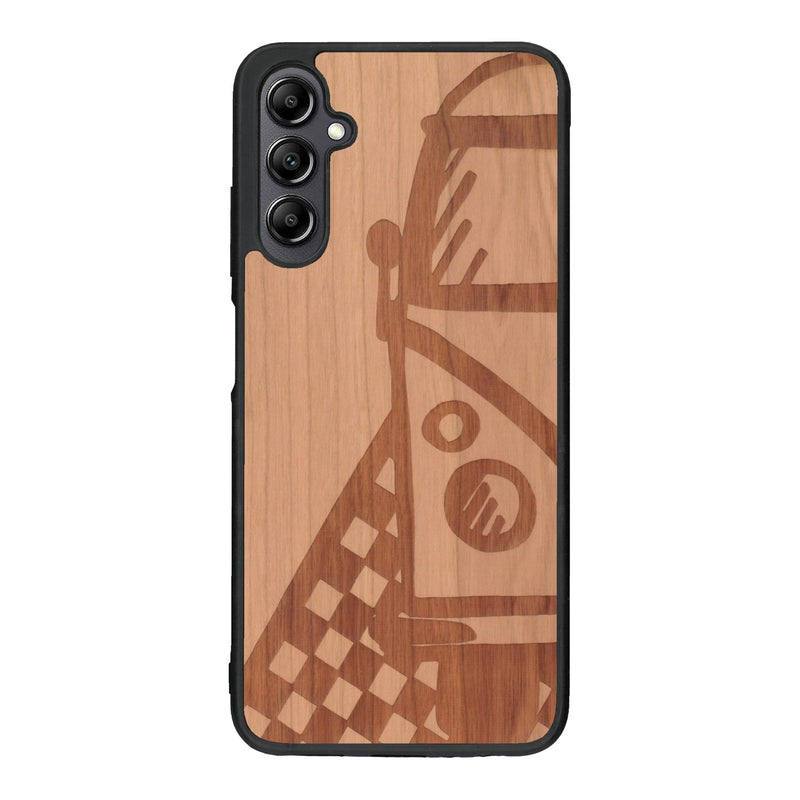 Coque de protection en bois véritable fabriquée en France pour Samsung A14 sur le thème du voyage avec un van combi