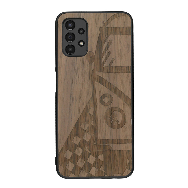 Coque de protection en bois véritable fabriquée en France pour Samsung A14 sur le thème du voyage avec un van combi